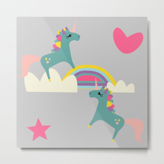 unicorn and rainbow gray Metal Print