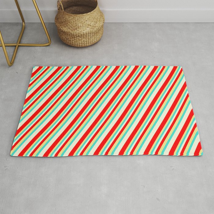 Beige, Red, Tan, and Turquoise Colored Striped Pattern Rug