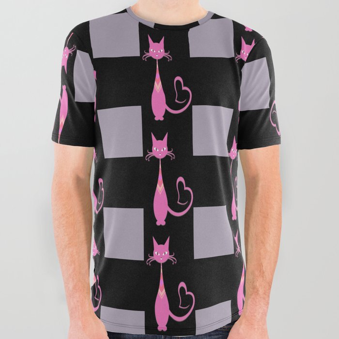 Blue And Black Buffalo Plaid,Blue And Black Plaid,Pink Cat Pattern, All Over Graphic Tee