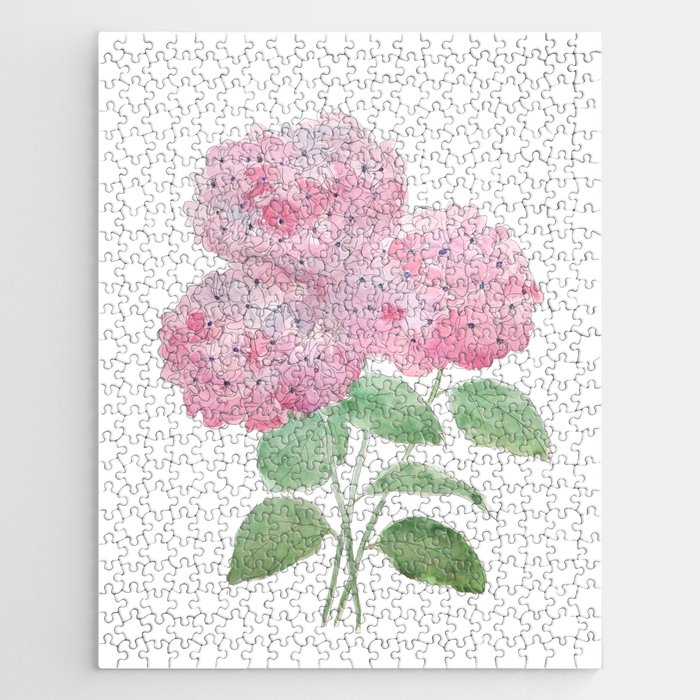 3 pink hydrangea flower ink and watercolor Jigsaw Puzzle