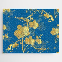 Gold & Turqouise Floral Orchid Pattern Jigsaw Puzzle