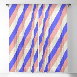 [ Thumbnail: Blue, Salmon & Beige Colored Stripes/Lines Pattern Sheer Curtain ]