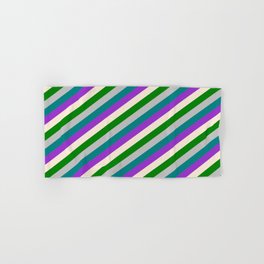[ Thumbnail: Colorful Teal, Dark Orchid, Beige, Green & Grey Colored Lines Pattern Hand & Bath Towel ]