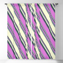 [ Thumbnail: Dark Slate Gray, Orchid, Slate Gray & Light Yellow Colored Striped Pattern Blackout Curtain ]