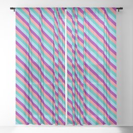 [ Thumbnail: Light Sea Green, Sky Blue, Dark Magenta, and Light Coral Colored Stripes/Lines Pattern Sheer Curtain ]