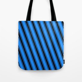 [ Thumbnail: Blue and Black Colored Striped/Lined Pattern Tote Bag ]