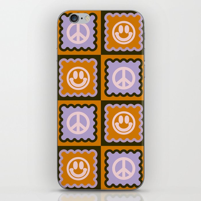 Funky Checkered Smileys and Peace Symbol Pattern (Dark Brown, Ginger Brown, Lilac, Muted Pink) iPhone Skin