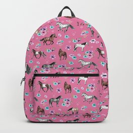 Pink Horse Print, Hand Drawn, Horses and Flowers, Girls Room, Backpack