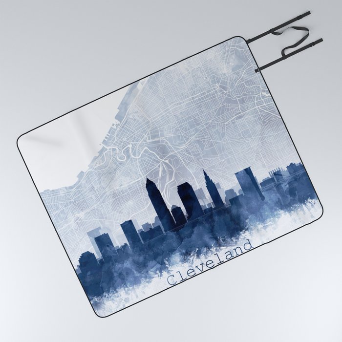 Cleveland Skyline & Map Watercolor Navy Blue, Print by Zouzounio Art Picnic Blanket