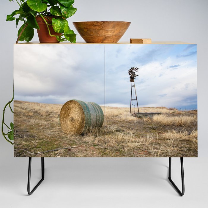 Prairie Life - Old Windmill and Round Hay Bale on Autumn Day in Oklahoma Credenza