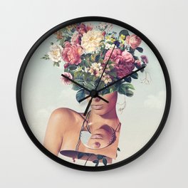 Flower-ism - Bouquet Pot Head Wall Clock | Beautiful, Portrait, Curated, Flowers, Bouquet, Vertigo Artography, Collage, Retro, Woman, Floral 