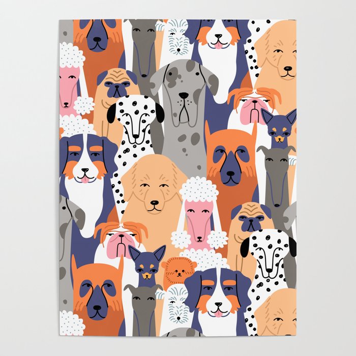 Funny diverse dog crowd character cartoon background Poster