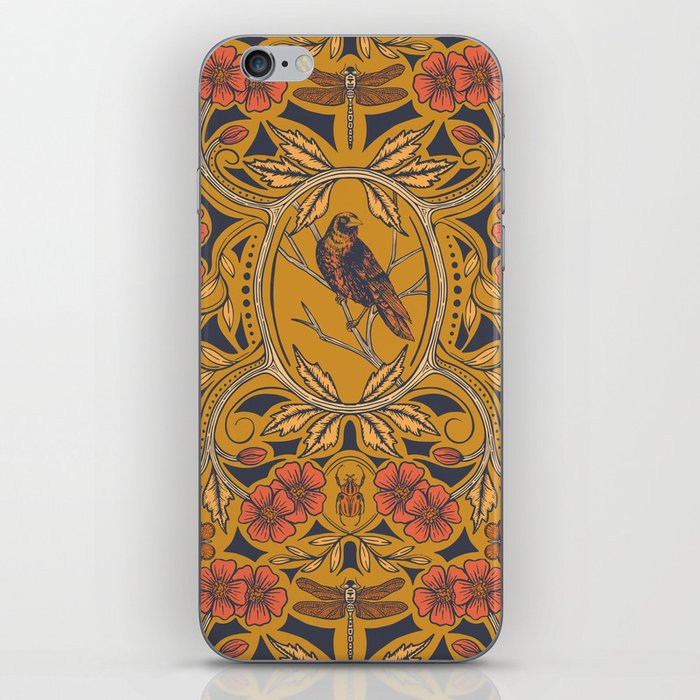 Warm Mustard Yellow & Orange Crow & Dragonfly Floral iPhone Skin