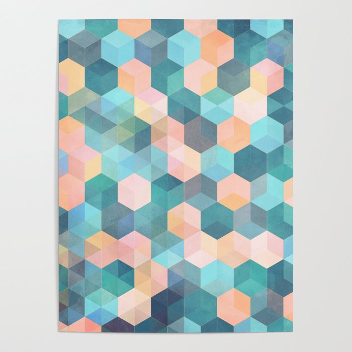 Child's Play 2 - hexagon pattern in soft blue, pink, peach & aqua Poster