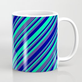 [ Thumbnail: Green, Dark Slate Blue & Dark Blue Colored Lined/Striped Pattern Coffee Mug ]