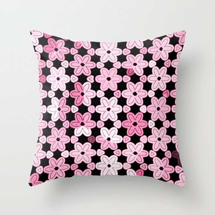 Multicolor Modern Pink Daisies on Black Throw Pillow