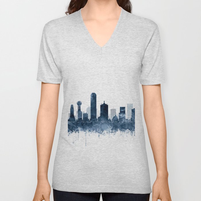 Dallas Skyline Navy Blue Watercolor by Zouzounio Art V Neck T Shirt