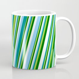[ Thumbnail: Light Sky Blue, Teal, Green, Dark Green, and Mint Cream Colored Striped Pattern Coffee Mug ]