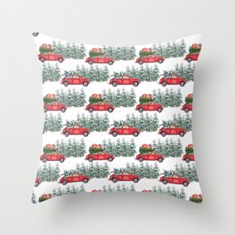 Corgis in car in winter forest Throw Pillow