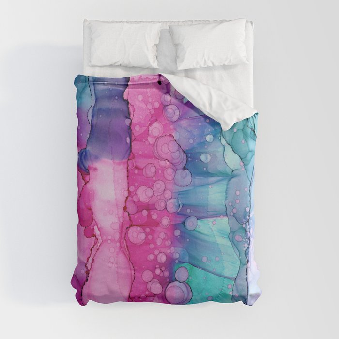 Pink Purple Turquoise Dots Burst 32622 Abstract Alcohol Ink by Herzart Duvet Cover