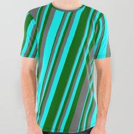 [ Thumbnail: Aqua, Dark Green & Dim Grey Colored Lines/Stripes Pattern All Over Graphic Tee ]