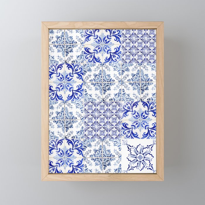 Azulejo VIII - Portuguese hand painted blue tiles - Travel photography by Ingrid Beddoes Framed Mini Art Print