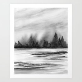 Rustic River IV - Black and White Wall Art, River and Trees Watercolor Painting, Forest Abstract Nature Art Art Print