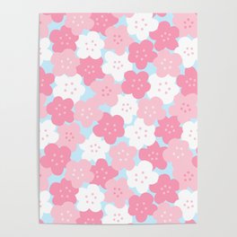 Cute Pink & White Cherry Blossom Seamless Pattern with Sky Blue Background Poster