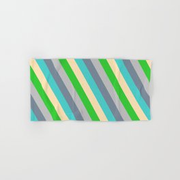 [ Thumbnail: Eyecatching Grey, Light Slate Gray, Turquoise, Beige & Lime Green Colored Stripes/Lines Pattern Hand & Bath Towel ]