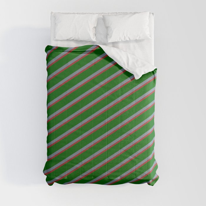 Light Slate Gray, Brown & Dark Green Colored Pattern of Stripes Comforter