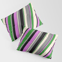 [ Thumbnail: Vibrant Beige, Gray, Black, Orchid & Forest Green Colored Stripes Pattern Pillow Sham ]