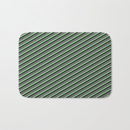 [ Thumbnail: Dim Gray, Light Green & Black Colored Lined/Striped Pattern Bath Mat ]