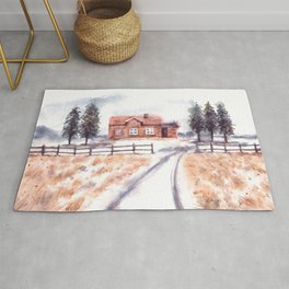 Winter Landscape With House And Pine Trees Watercolor Area & Throw Rug