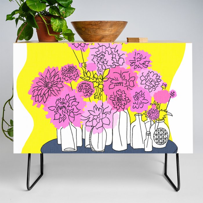 Mid-Century Modern Floral Bottle Bouquet Pink and Yellow Credenza