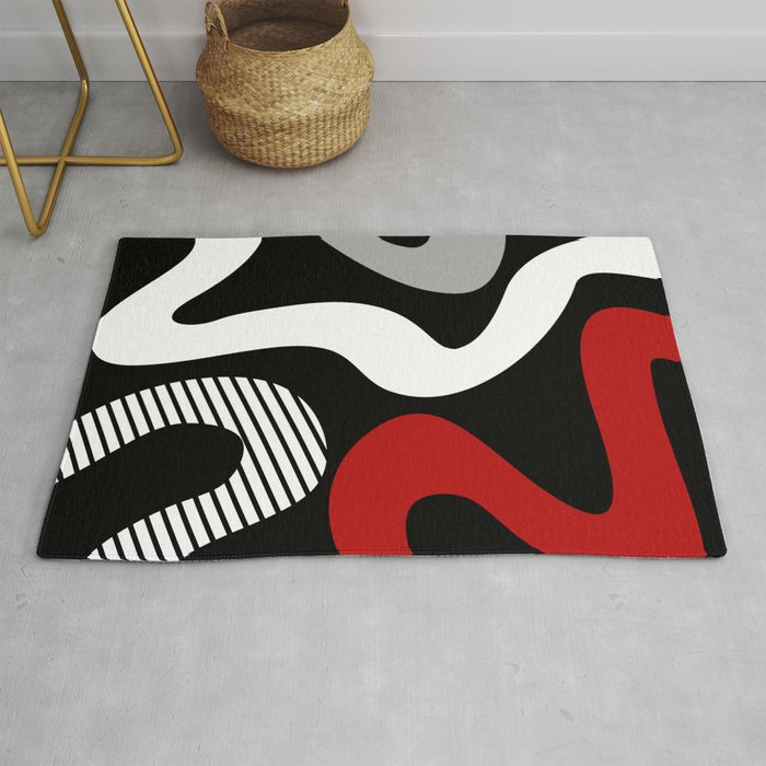 Abstract waves - red, grey, black, white Rug