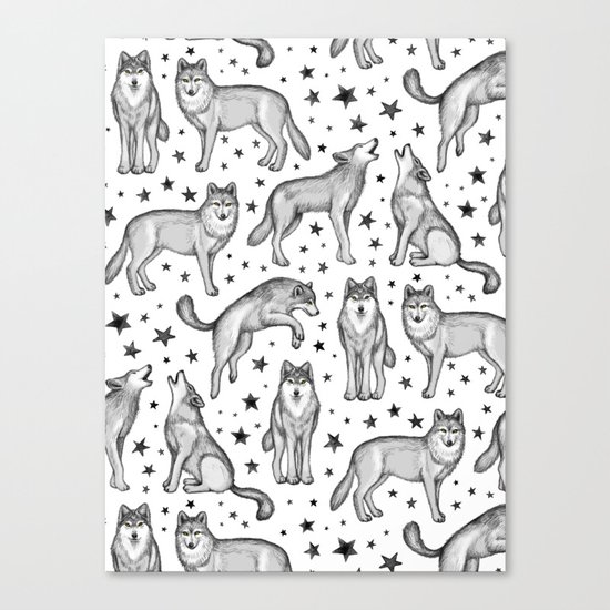 Wolves and Stars on White Canvas Print