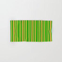[ Thumbnail: Brown, Goldenrod, Lime, and Green Colored Striped/Lined Pattern Hand & Bath Towel ]