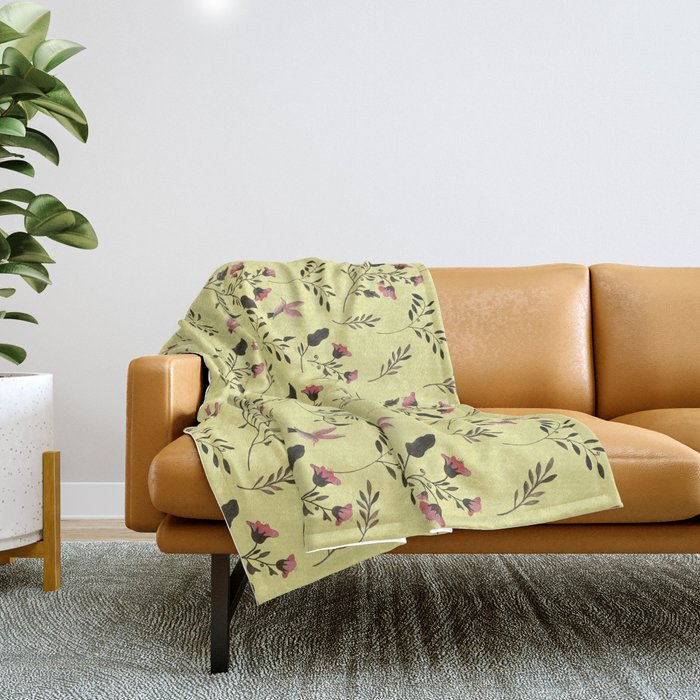 Rose Hummingbirds and Pink Flowers in Butter Yellow Floral Pattern with Pink Flowers and Bark Brown Throw Blanket