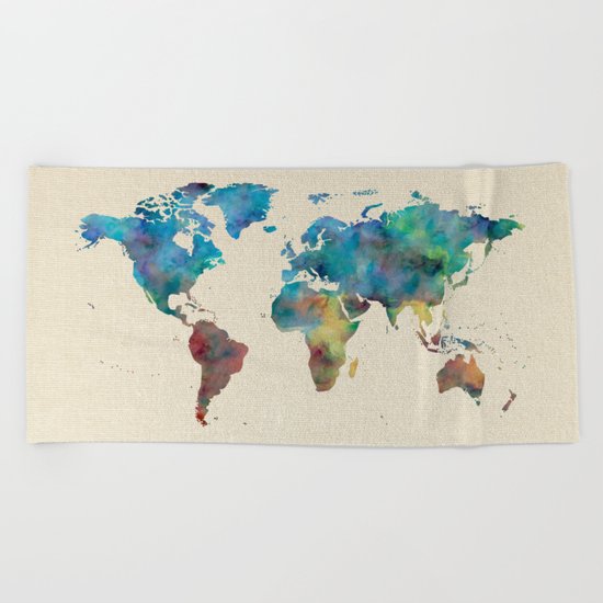World Map Watercolor Linen Blue Red Yellow Green Beach Towel