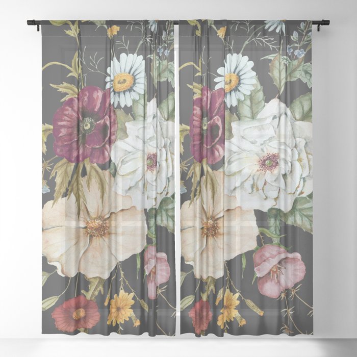 Colorful Wildflower Bouquet on Charcoal Black Sheer Curtain
