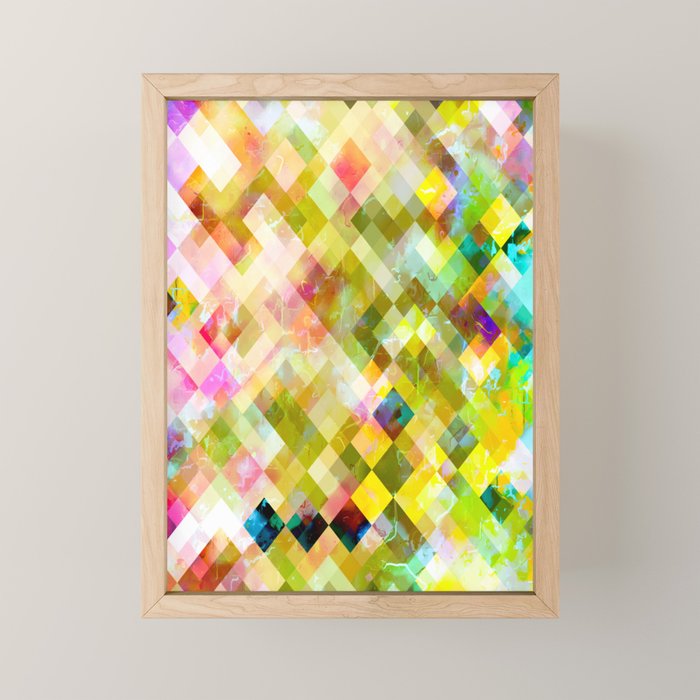 geometric pixel square pattern abstract background in green pink Framed Mini Art Print