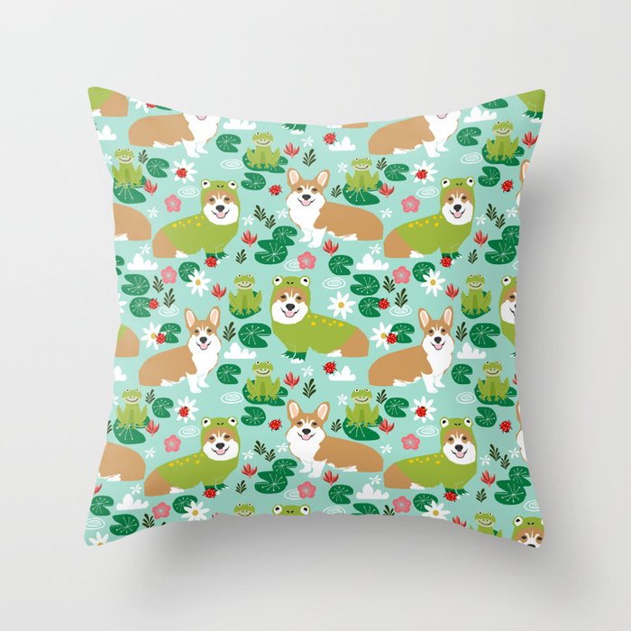 Corgi Spring - frogs and ladybugs Throw Pillow