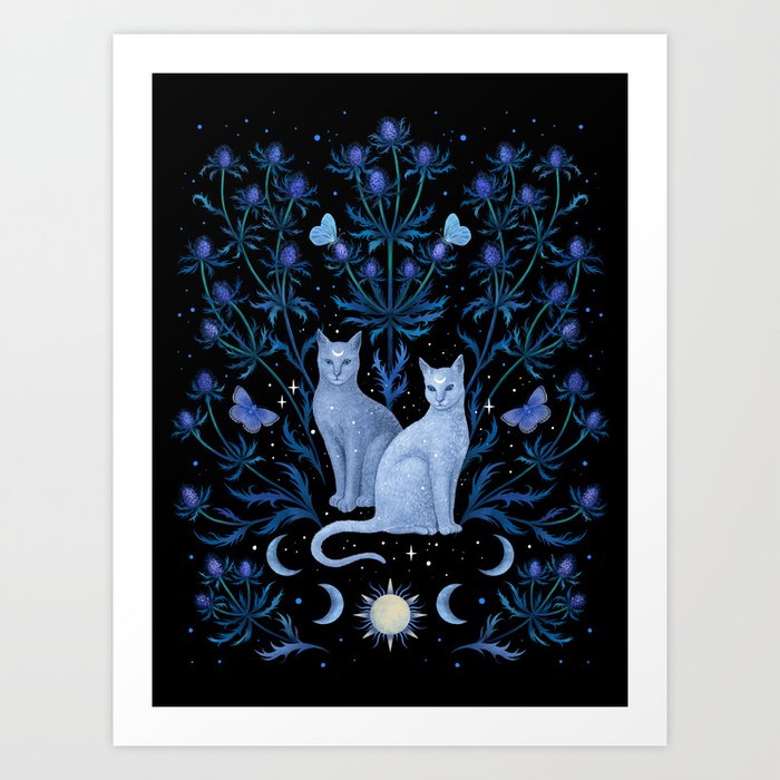 Blue Thistle & Cat Art Print
