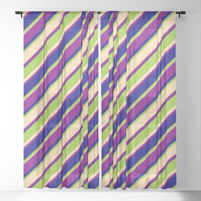 Green, Tan, Purple & Blue Colored Lined Pattern Sheer Curtain
