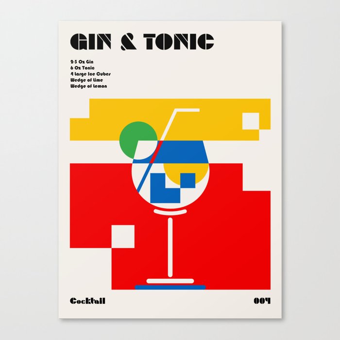 Gin & Tonic Retro Cocktail Poster Illustration | Minimalist Art Print | Bauhaus Canvas Print