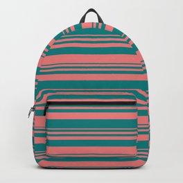 [ Thumbnail: Light Coral and Teal Colored Lined Pattern Backpack ]