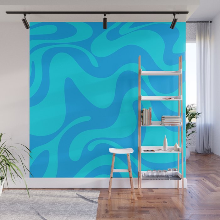 Lava Lamp - 70s Abstract Minimal Modern Wavy Art Design Pattern in Blue and Turquoise Wall Mural