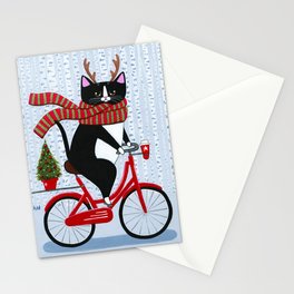 Tuxedo Cat Christmas Bicycle Ride Stationery Card