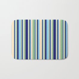 [ Thumbnail: Bisque, Dark Sea Green, Midnight Blue, and Sky Blue Colored Stripes Pattern Bath Mat ]