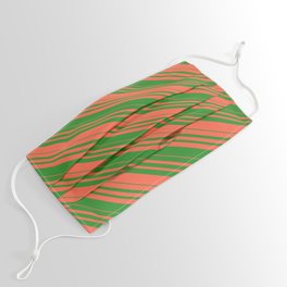[ Thumbnail: Red and Forest Green Colored Striped Pattern Face Mask ]